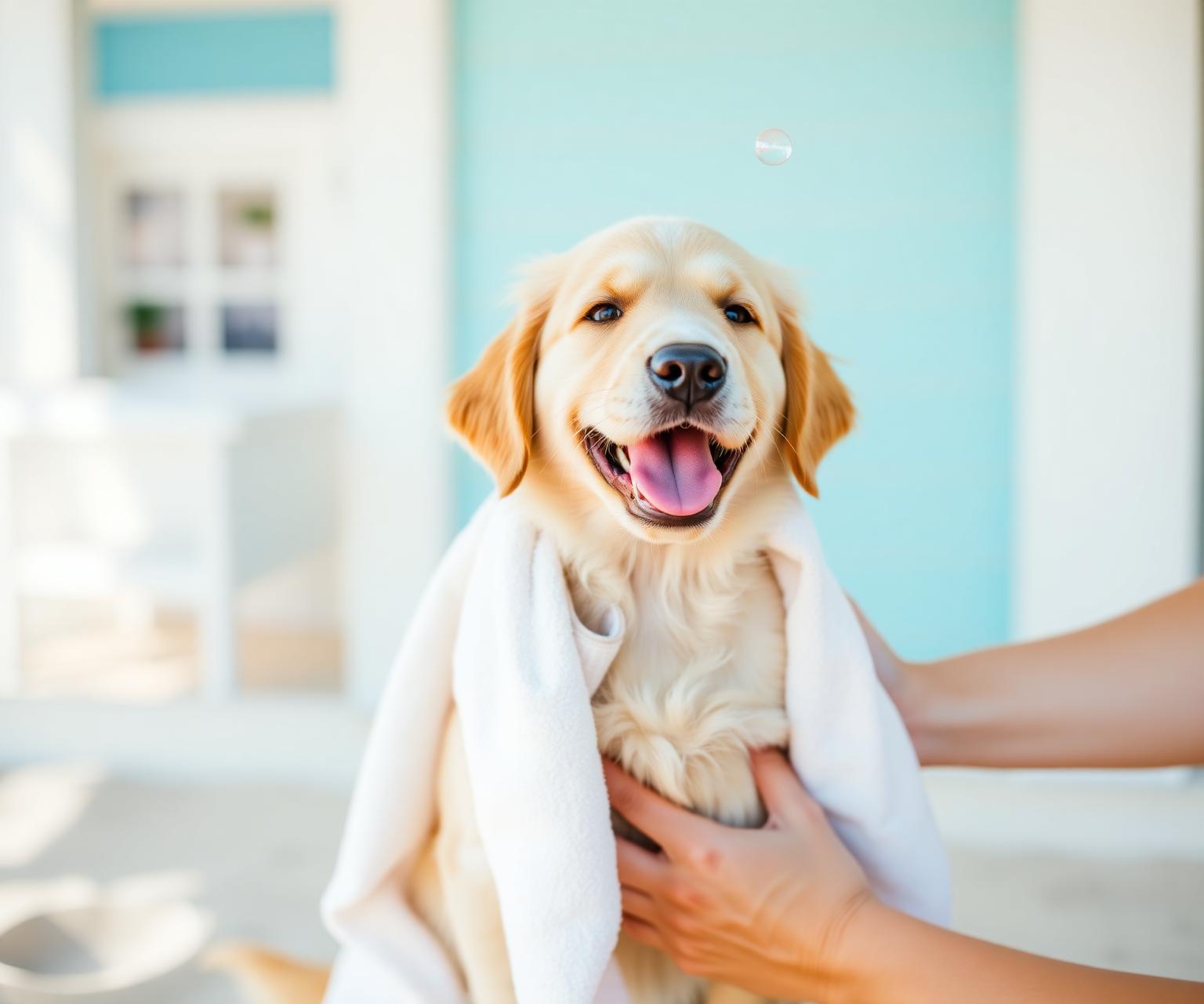 Happy golden retriever puppy wrapped in a fluffy white towel after a Salty D's grooming session